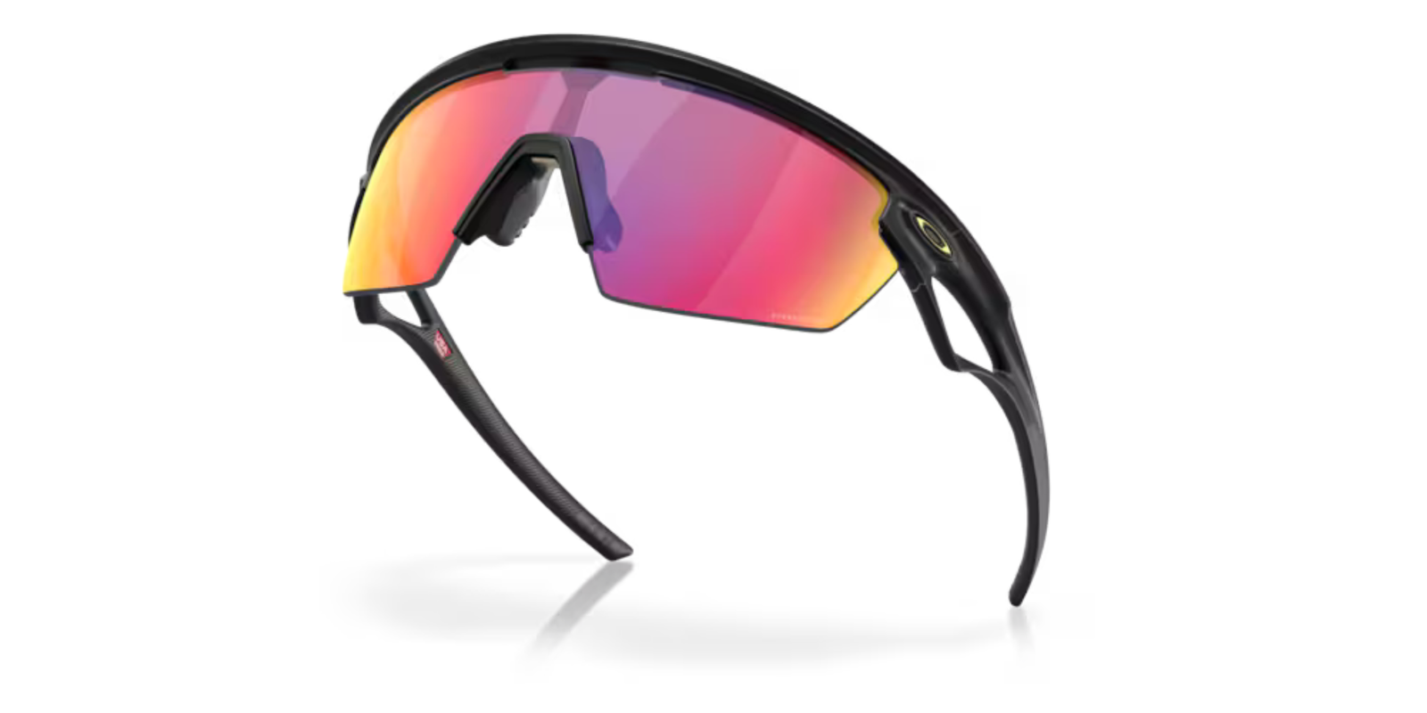 oakley sphaera sunglasses, cycling and running specialty sunglasses, red yellow and purple lense with black frame, frames lifted to sky