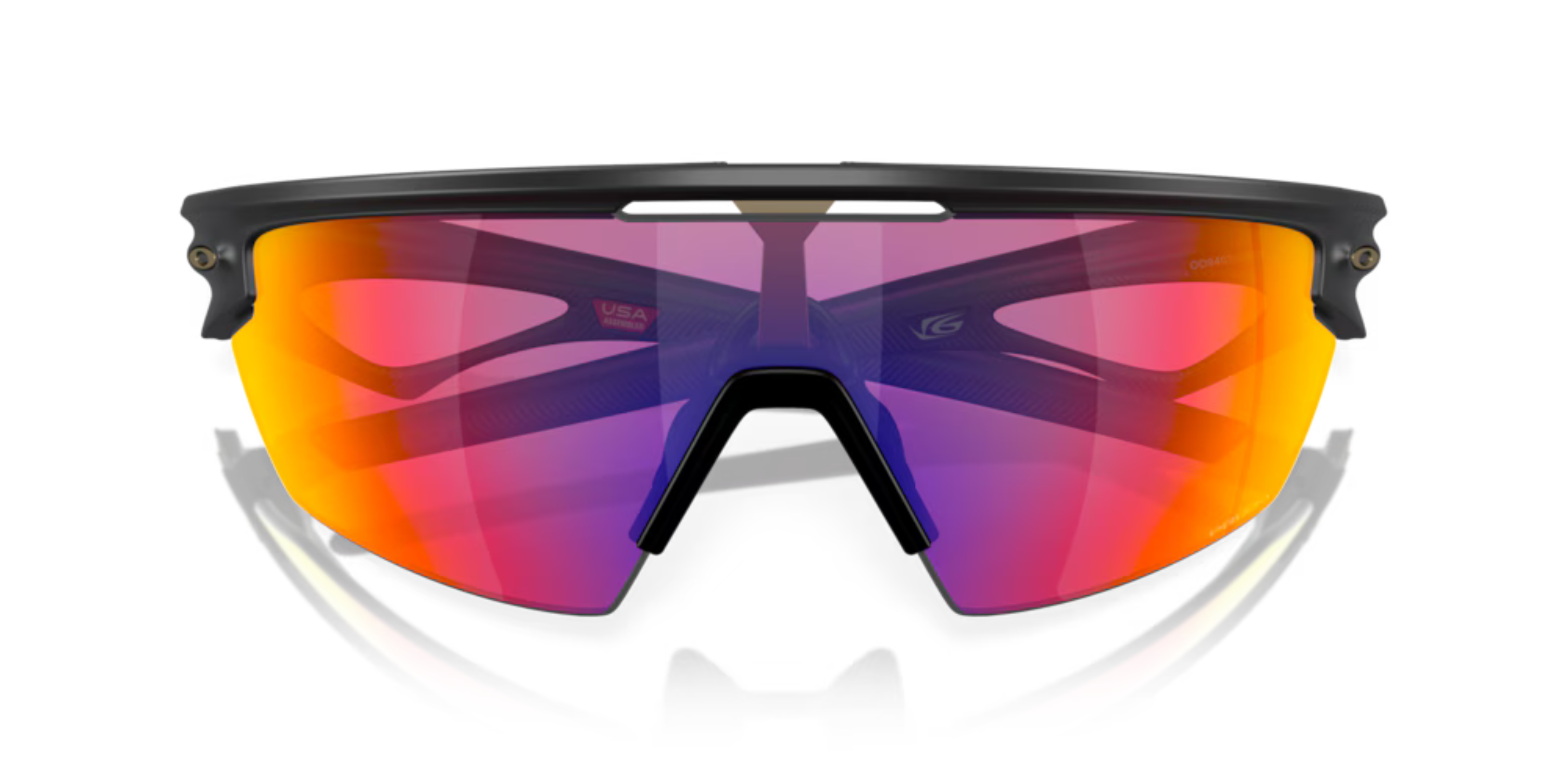 oakley sphaera sunglasses, cycling and running specialty sunglasses, red yellow and purple lense with black frame, front of glasses with arms crossed closed