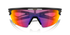 oakley sphaera sunglasses, cycling and running specialty sunglasses, red yellow and purple lense with black frame, front of glasses with arms crossed closed