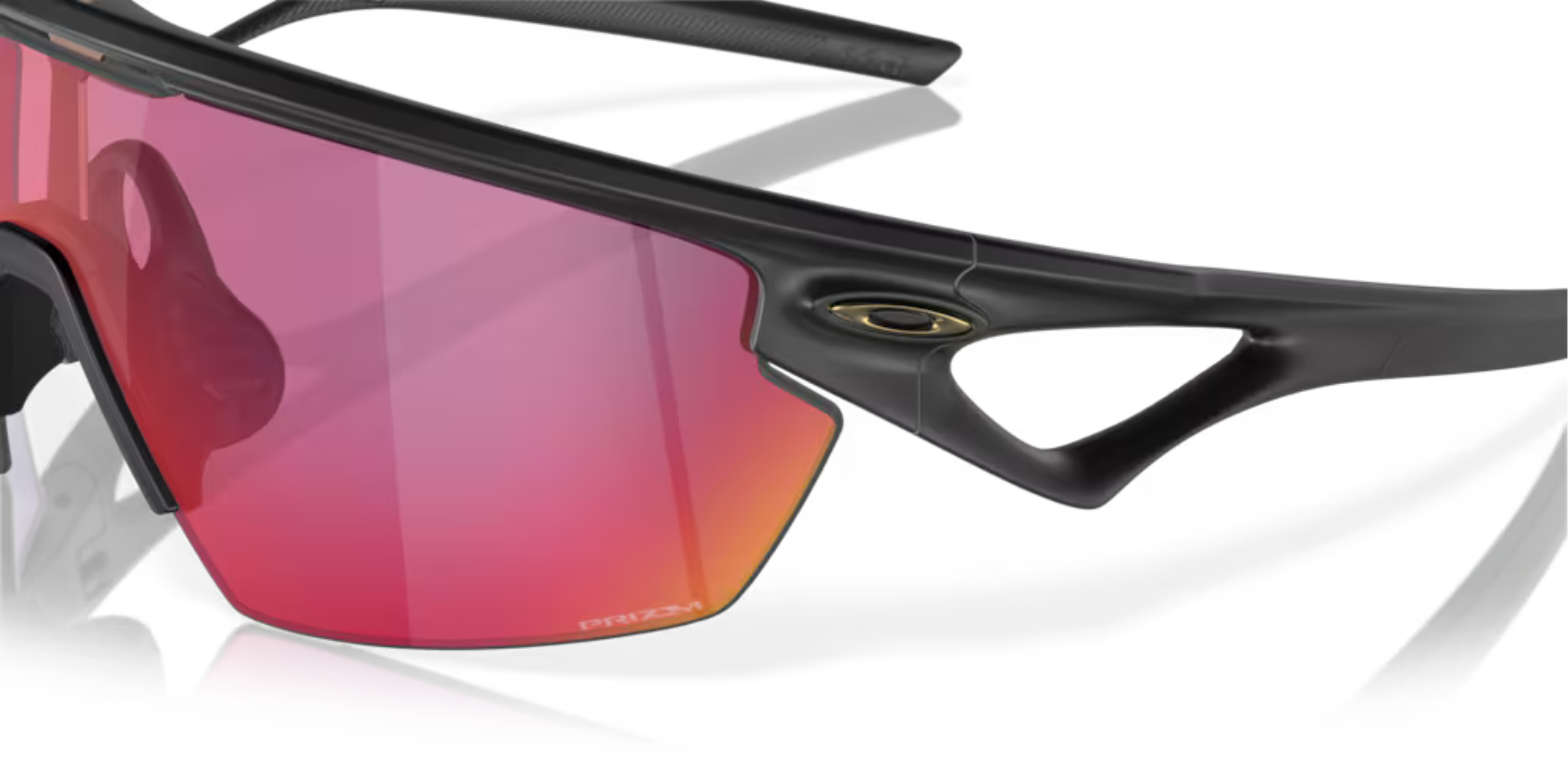 oakley sphaera sunglasses, cycling and running specialty sunglasses, red yellow and purple lense with black frame, up close of lenses