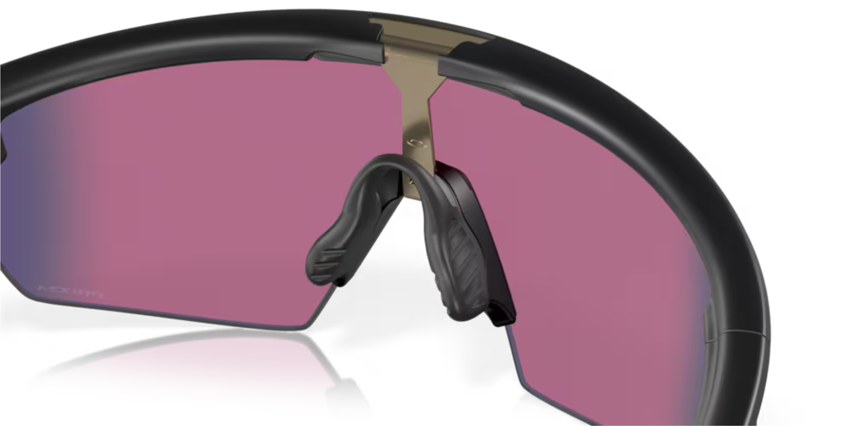 oakley sphaera sunglasses, cycling and running specialty sunglasses, red yellow and purple lense with black frame, up close of inside of lenses and nose piece