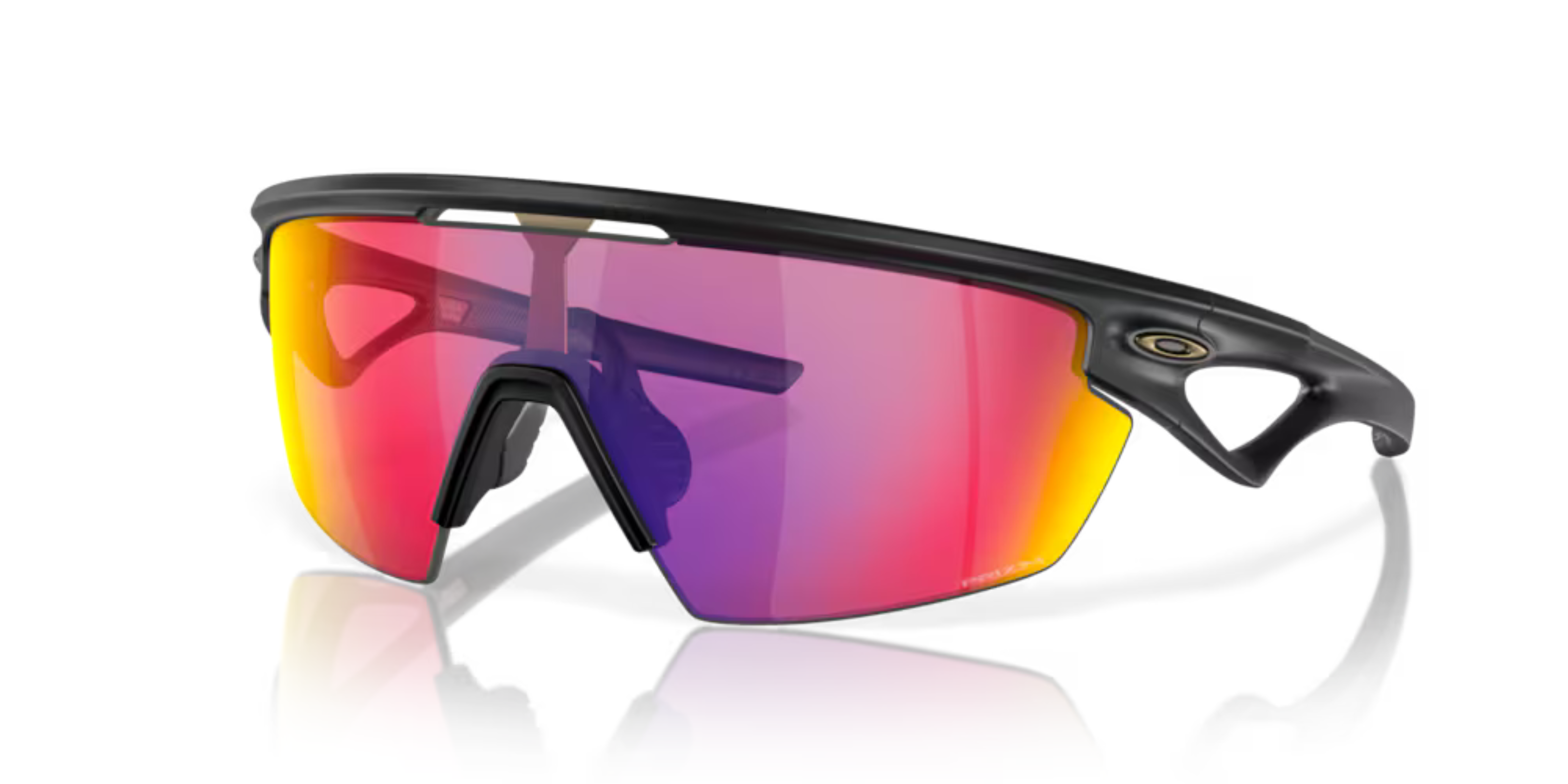 oakley sphaera sunglasses, cycling and running specialty sunglasses, red yellow and purple lense with black frame, side front angle of sunglasses