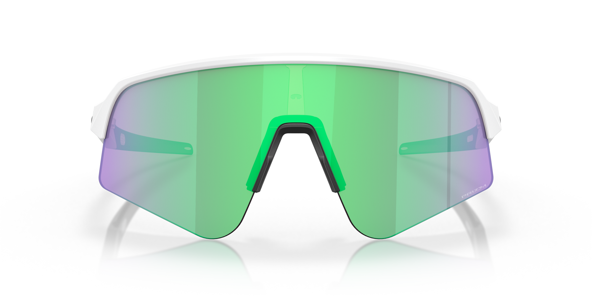 oakley sutro lite sweep sunglasses. A functional sport design with optimised coverage, extended field-of-view, retention and impact protection. White frame with green and purple lenses. View of front of glasses.