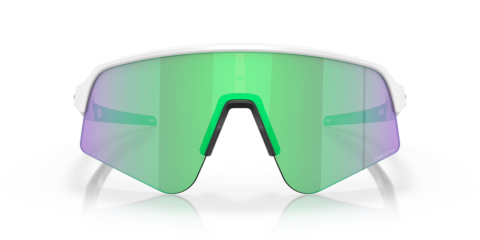 oakley sutro lite sweep sunglasses. A functional sport design with optimised coverage, extended field-of-view, retention and impact protection. White frame with green and purple lenses. View of front of glasses.