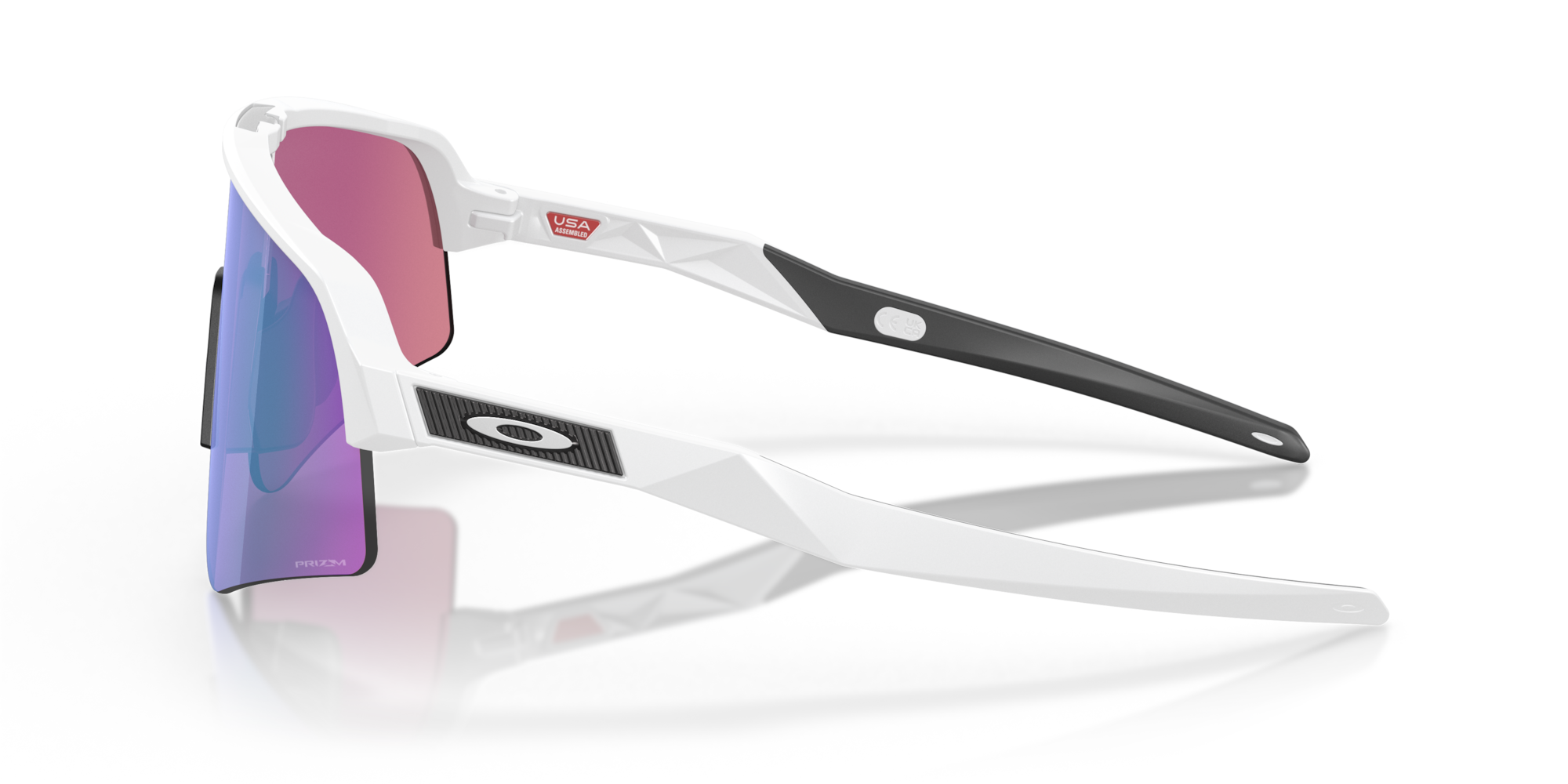 oakley sutro lite sweep sunglasses. A functional sport design with optimised coverage, extended field-of-view, retention and impact protection. White frame with green and purple lenses. View of side of glasses.