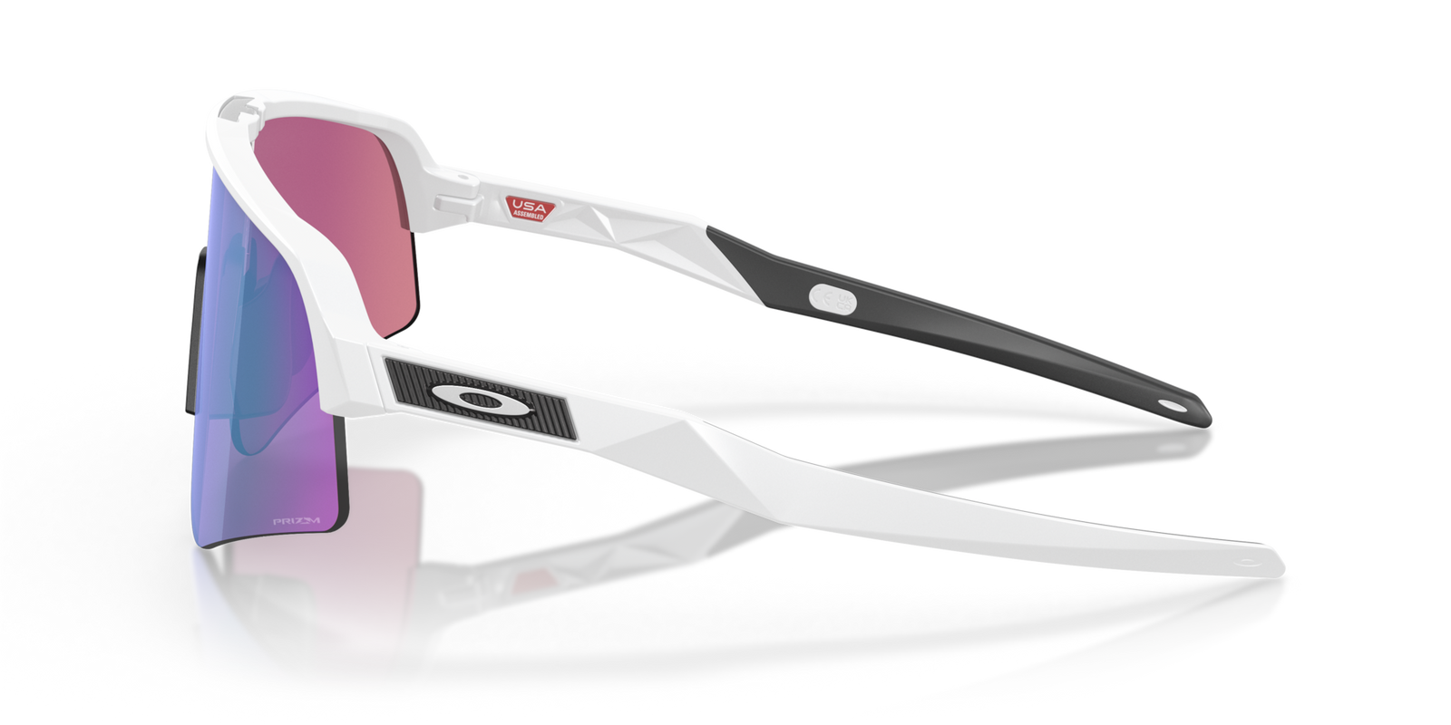 oakley sutro lite sweep sunglasses. A functional sport design with optimised coverage, extended field-of-view, retention and impact protection. White frame with green and purple lenses. View of side of glasses.
