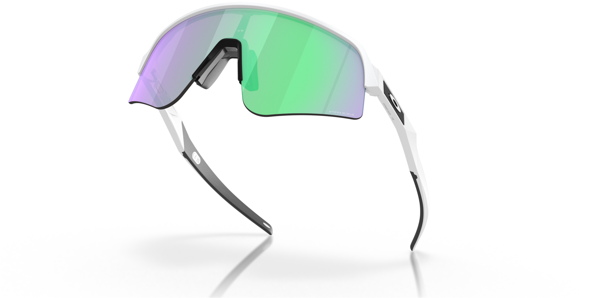 oakley sutro lite sweep sunglasses. A functional sport design with optimised coverage, extended field-of-view, retention and impact protection. White frame with green and purple lenses. low view of glasses.
