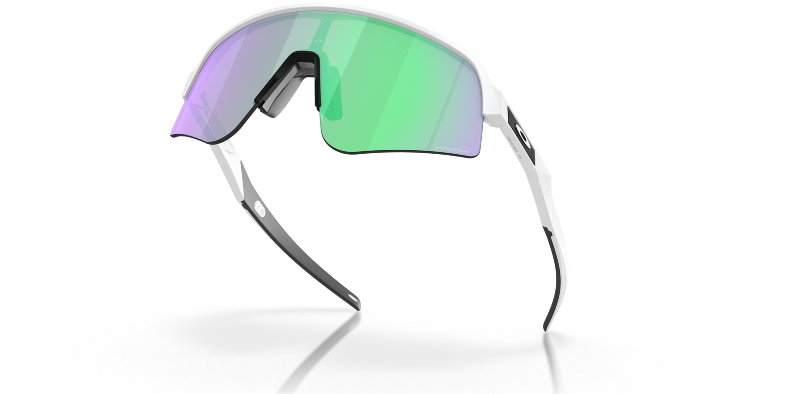 oakley sutro lite sweep sunglasses. A functional sport design with optimised coverage, extended field-of-view, retention and impact protection. White frame with green and purple lenses. low view of glasses.