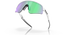 oakley sutro lite sweep sunglasses. A functional sport design with optimised coverage, extended field-of-view, retention and impact protection. White frame with green and purple lenses. low view of glasses.