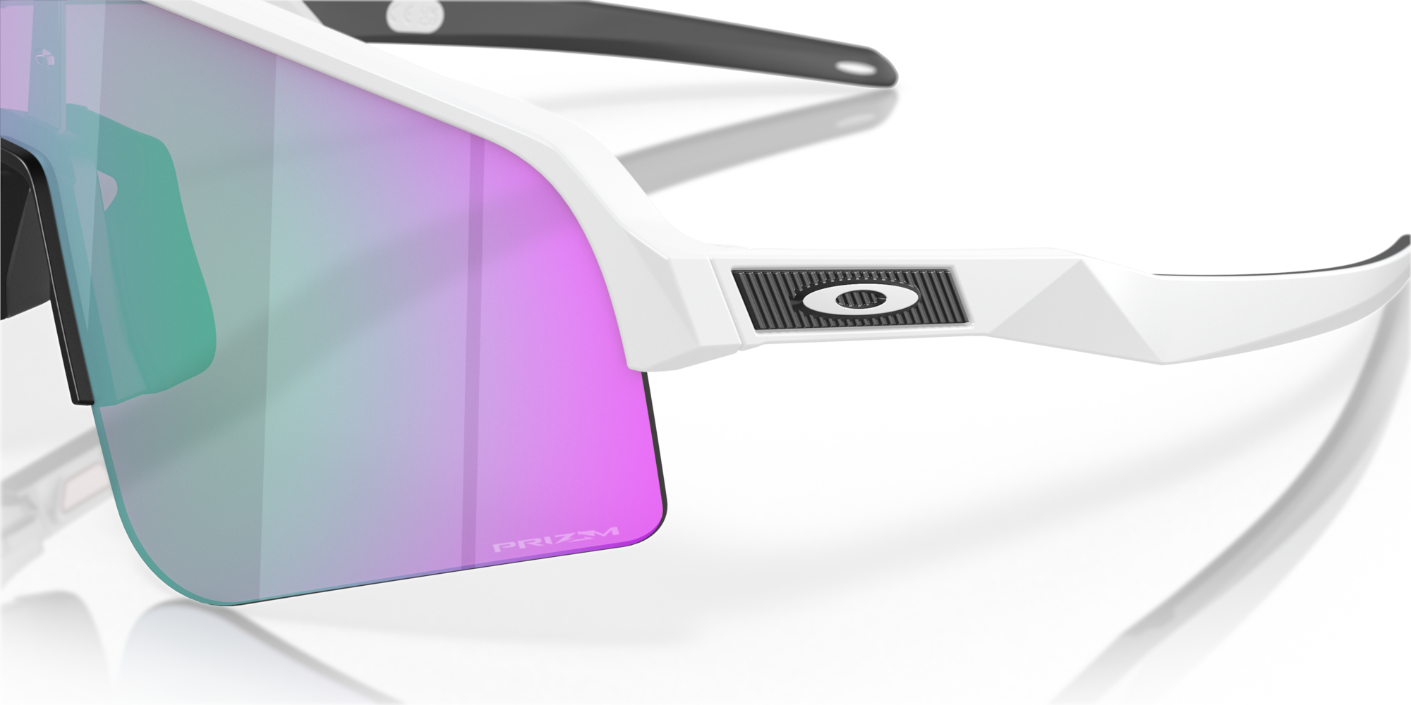 oakley sutro lite sweep sunglasses. A functional sport design with optimised coverage, extended field-of-view, retention and impact protection. White frame with green and purple lenses. Close up view of lens and frame. 