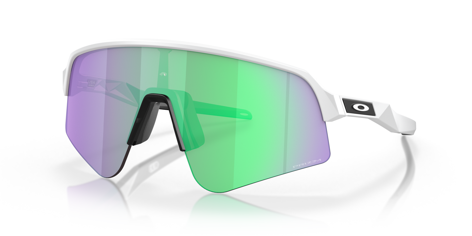 oakley sutro lite sweep sunglasses. A functional sport design with optimised coverage, extended field-of-view, retention and impact protection. White frame with green and purple lenses. View of front of glasses.