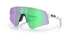 oakley sutro lite sweep sunglasses. A functional sport design with optimised coverage, extended field-of-view, retention and impact protection. White frame with green and purple lenses. View of front of glasses.