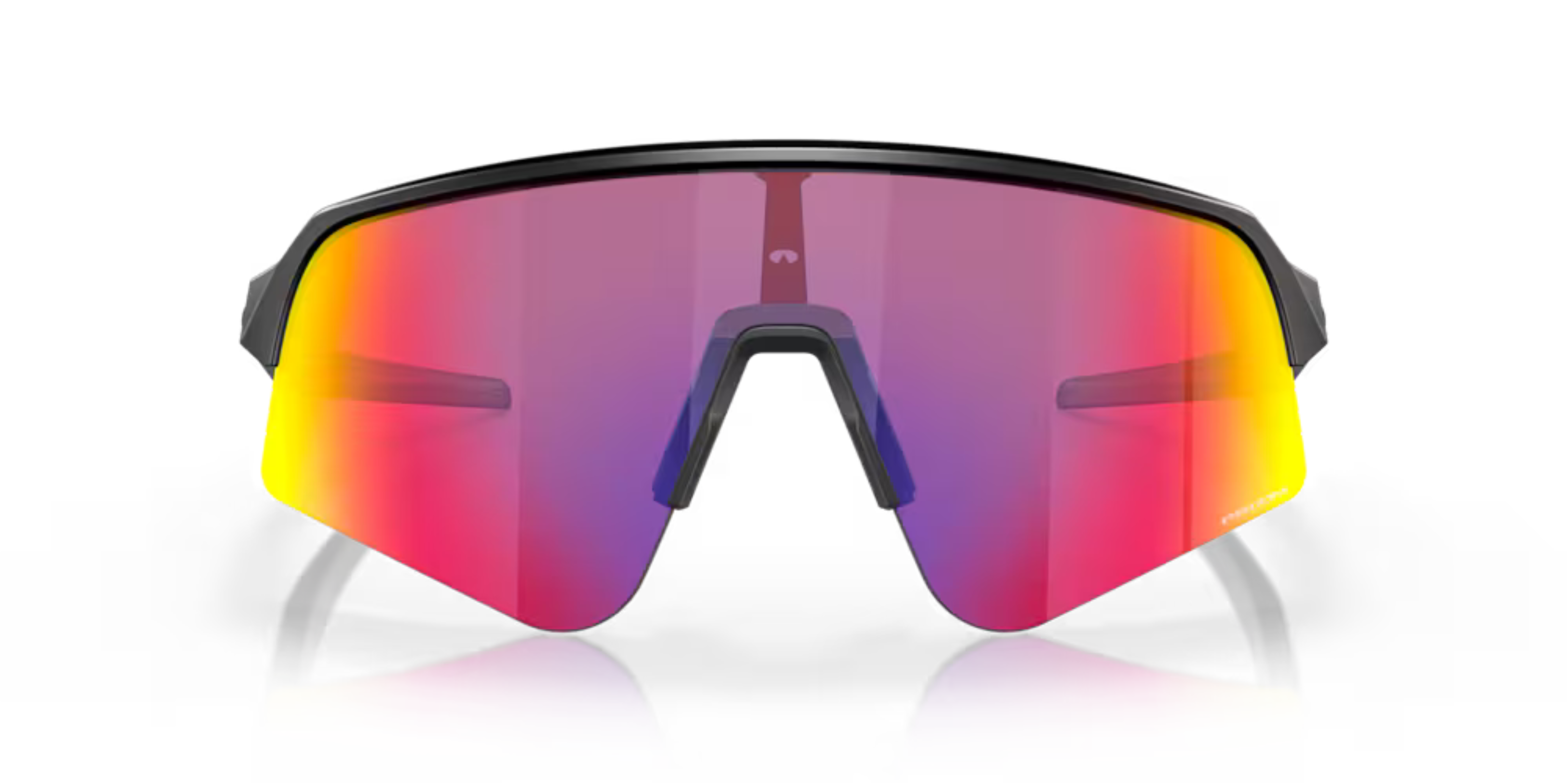oakley sutro lite sweep sunglasses, wide field of view for cycling and running , red yellow and pruple lense with grey black frame, front close up of glasses