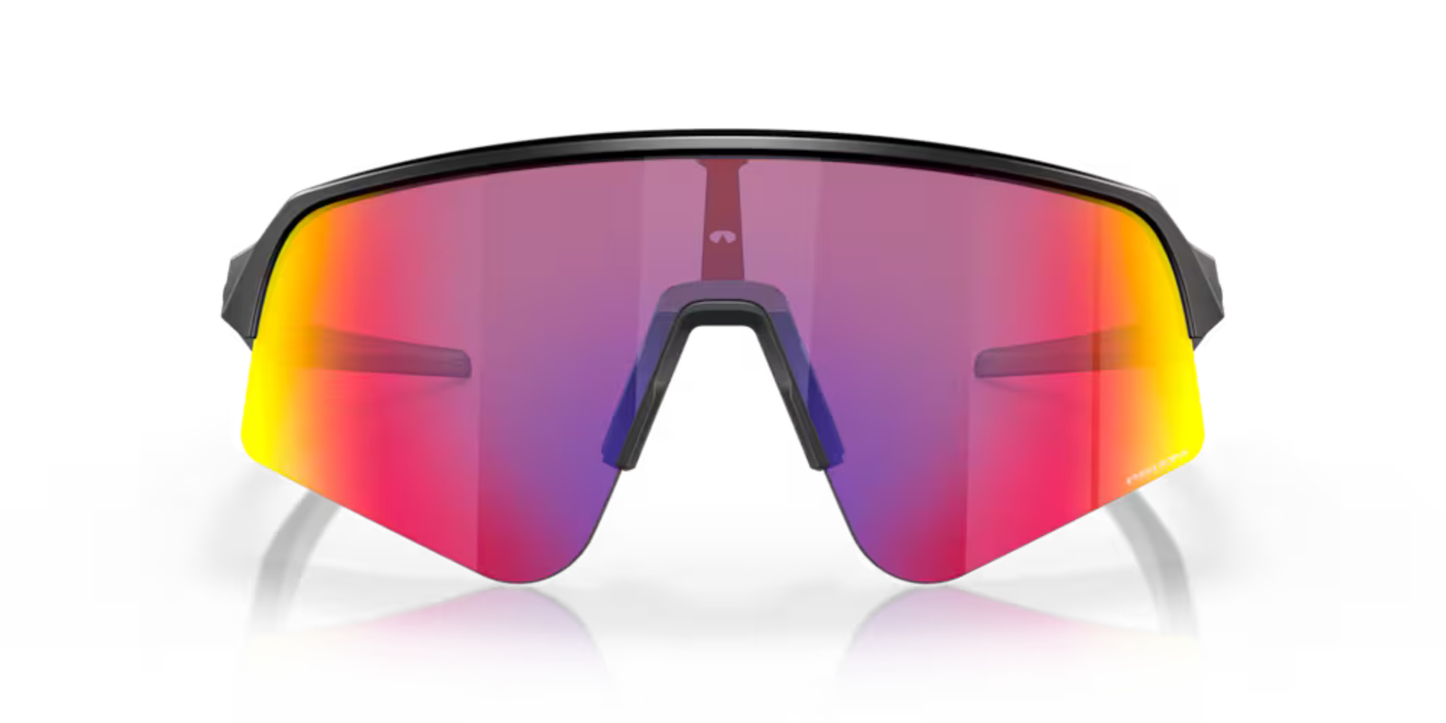 oakley sutro lite sweep sunglasses, wide field of view for cycling and running , red yellow and pruple lense with grey black frame, front close up of glasses