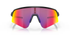 oakley sutro lite sweep sunglasses, wide field of view for cycling and running , red yellow and pruple lense with grey black frame, front close up of glasses