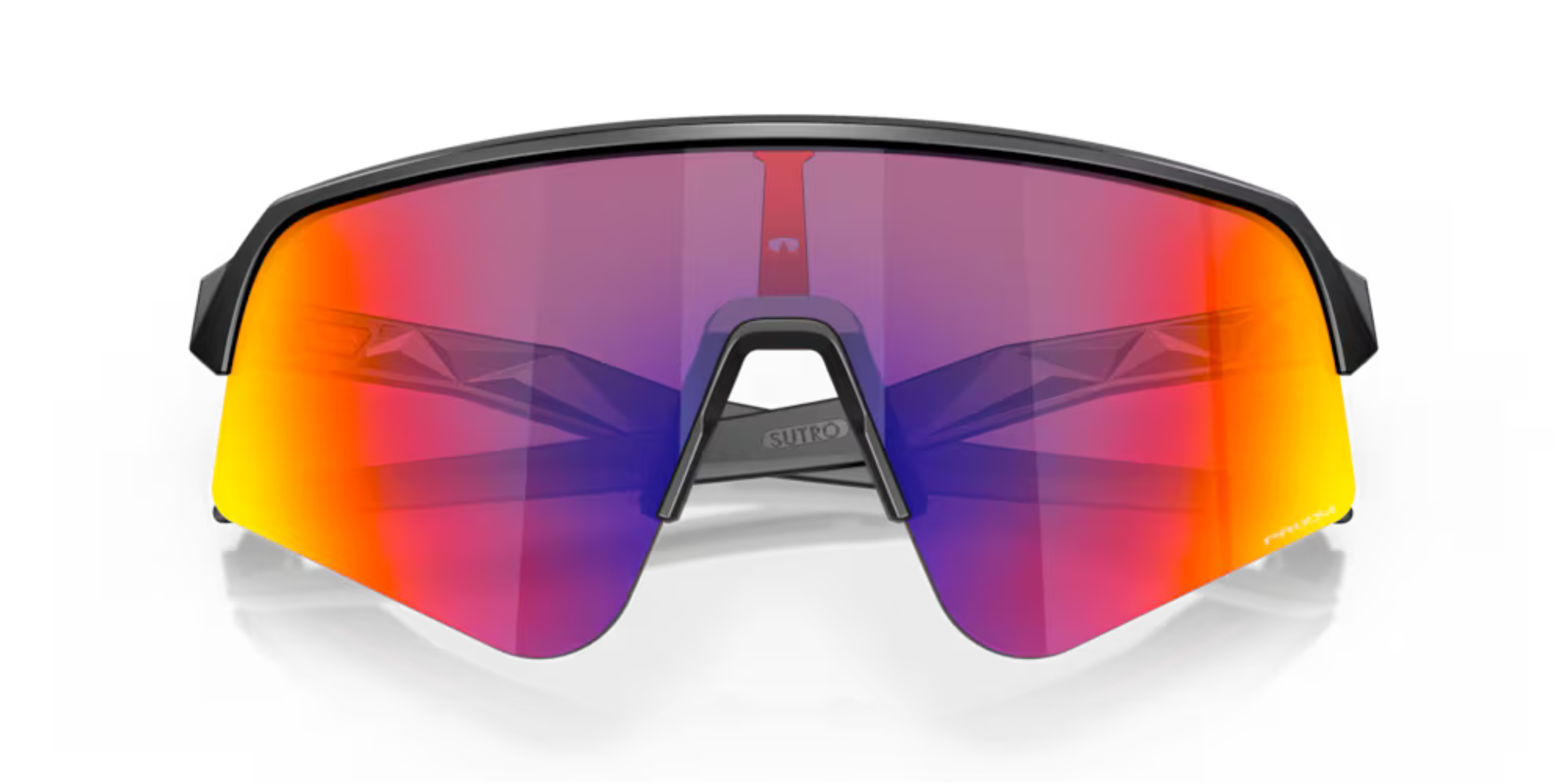 oakley sutro lite sweep sunglasses, wide field of view for cycling and running , red yellow and pruple lense with grey black frame, front of glasses with arms crossed