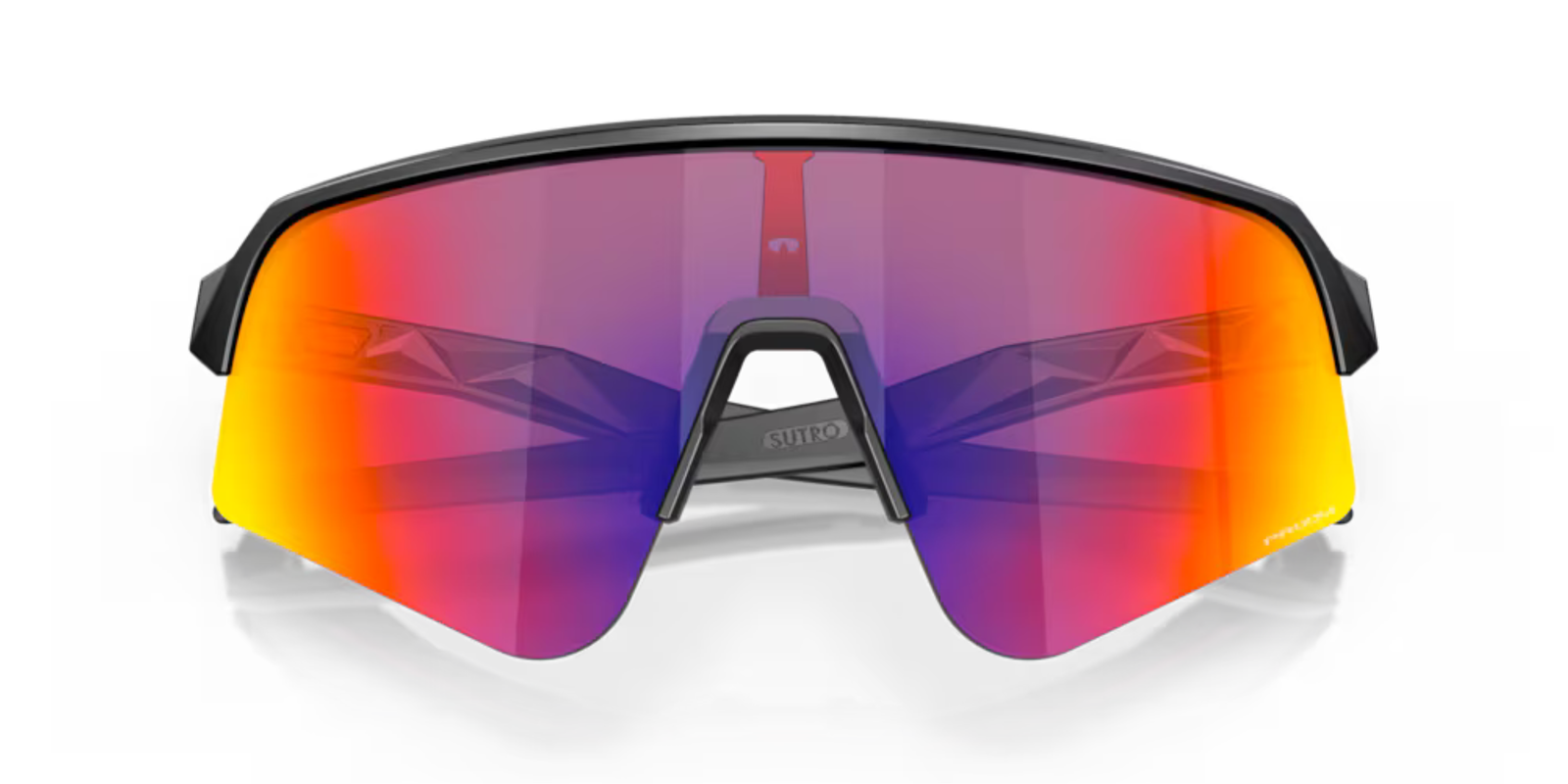 oakley sutro lite sweep sunglasses, wide field of view for cycling and running , red yellow and pruple lense with grey black frame, front of glasses with arms crossed