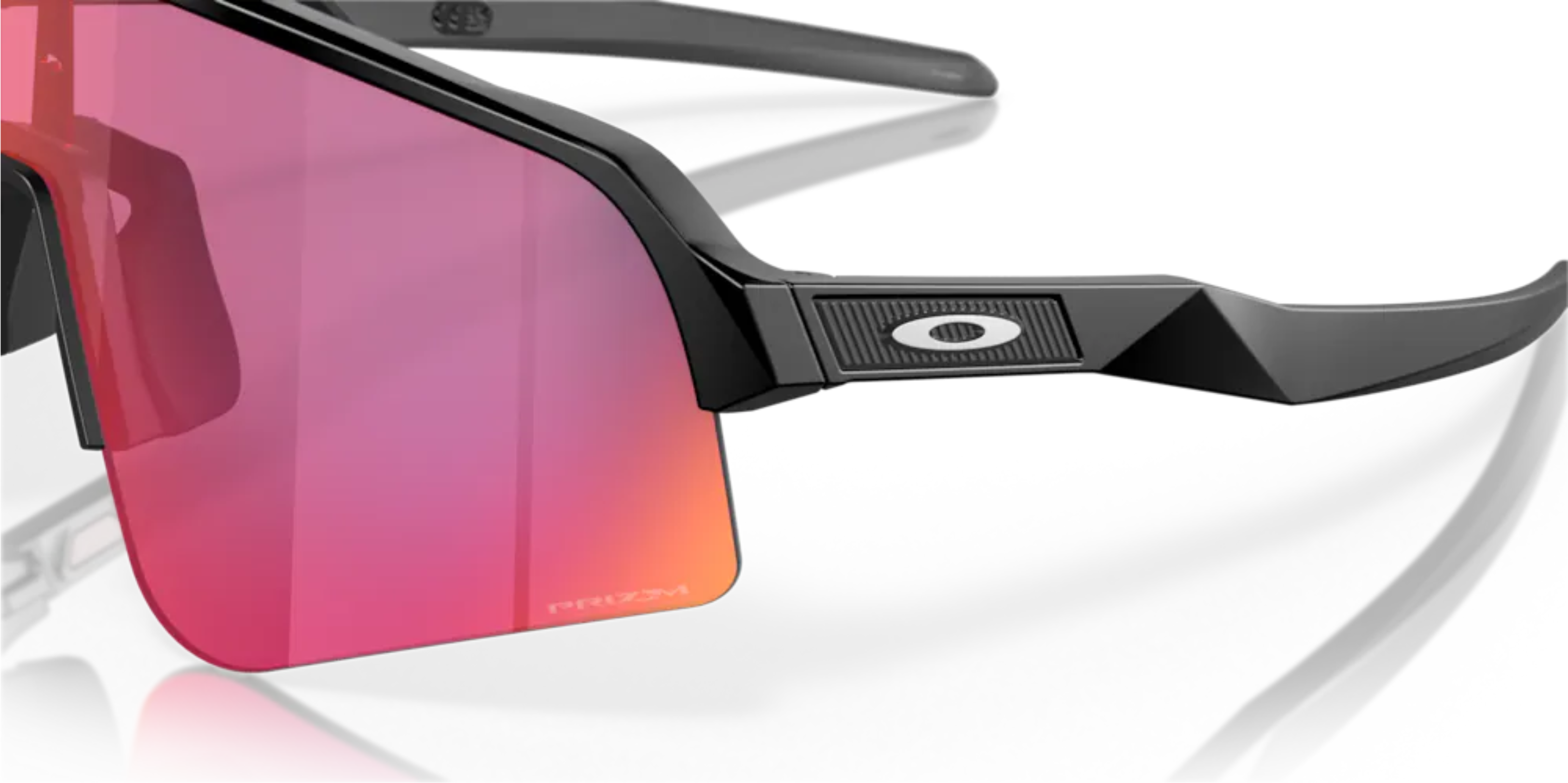 oakley sutro lite sweep sunglasses, wide field of view for cycling and running , red yellow and pruple lense with grey black frame, up close of frame