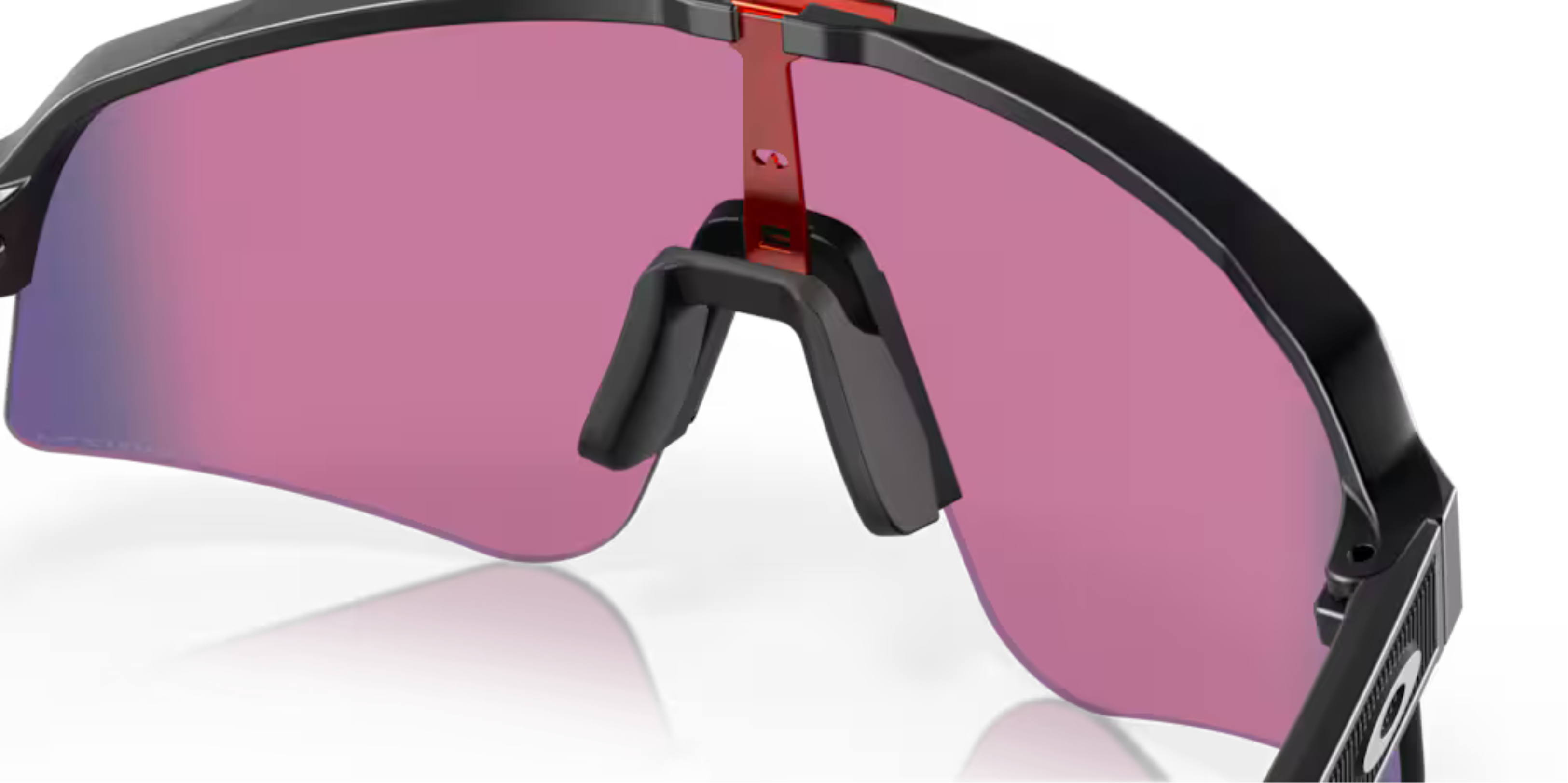 oakley sutro lite sweep sunglasses, wide field of view for cycling and running , red yellow and pruple lense with grey black frame, up close of inside nose piece