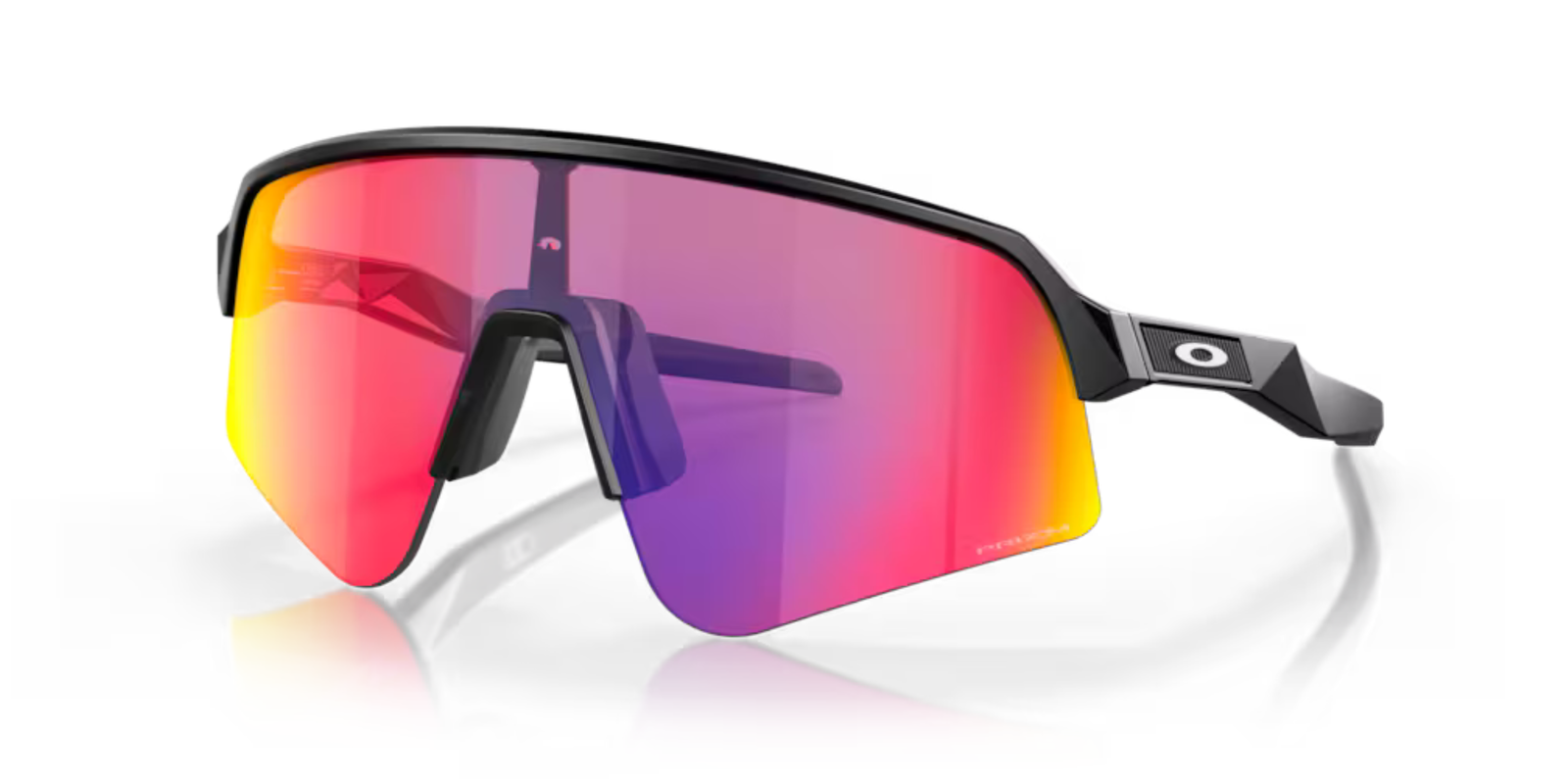 oakley sutro lite sweep sunglasses, wide field of view for cycling and running , red yellow and pruple lense with grey black frame, front view