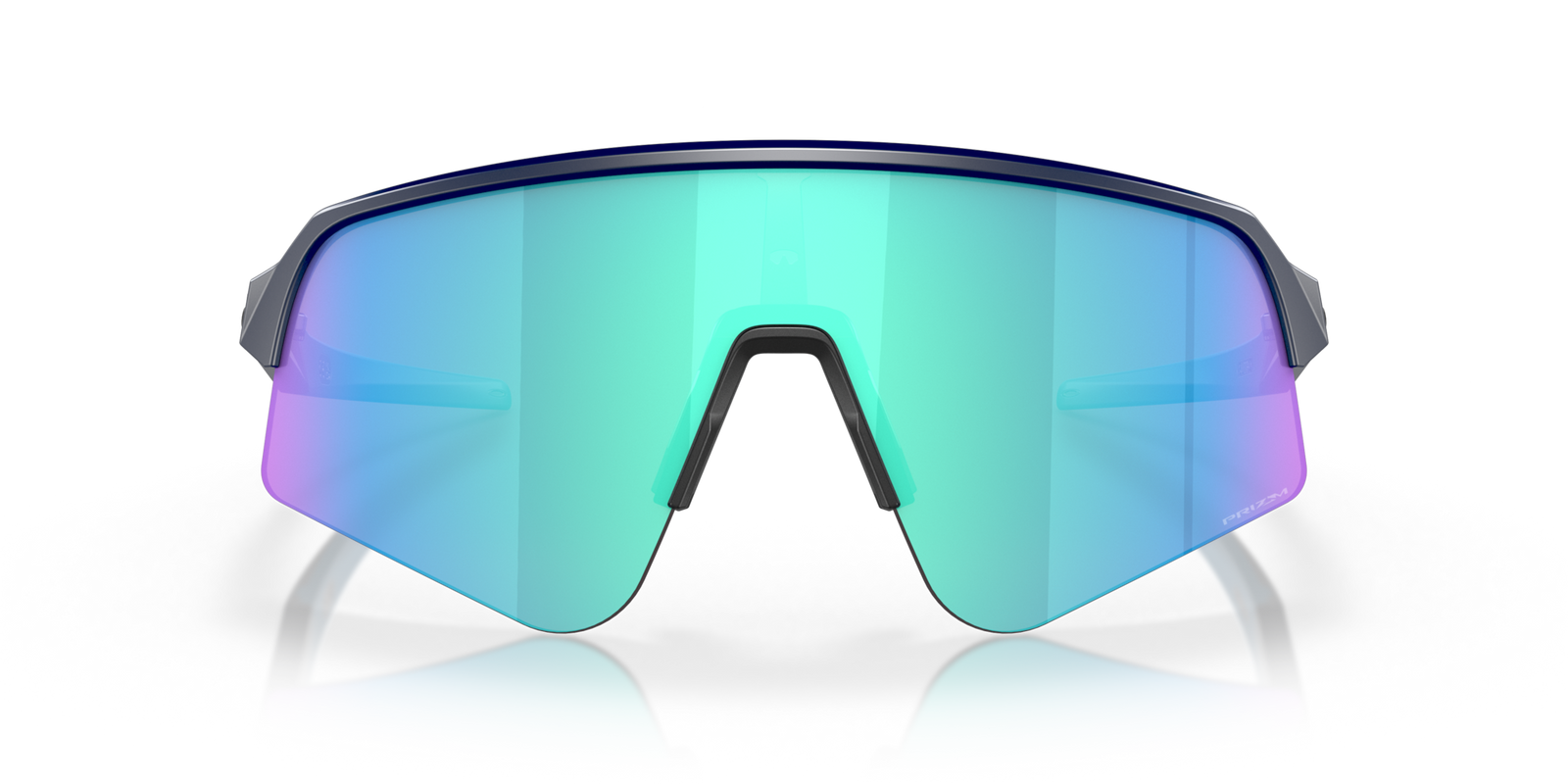 oakley sutro lite sweep sunglasses. A functional sport design with optimised coverage, extended field-of-view, retention and impact protection. navy frame with blue and purple lenses. View of front of glasses.