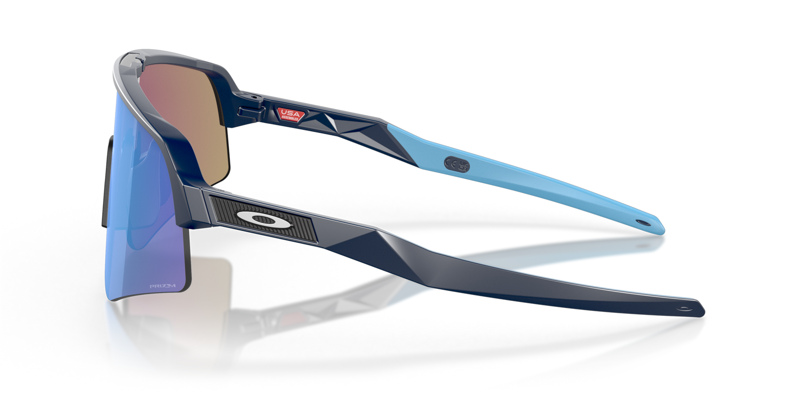 oakley sutro lite sweep sunglasses. A functional sport design with optimised coverage, extended field-of-view, retention and impact protection. navy frame with blue and purple lenses. Side view of glasses. 