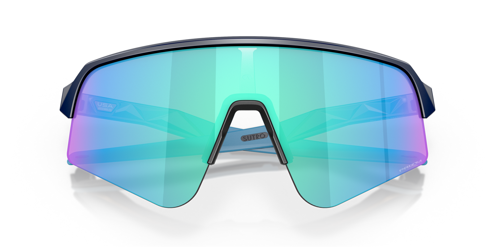 oakley sutro lite sweep sunglasses. A functional sport design with optimised coverage, extended field-of-view, retention and impact protection. navy frame with blue and purple lenses. View of front of glasses.