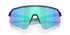 oakley sutro lite sweep sunglasses. A functional sport design with optimised coverage, extended field-of-view, retention and impact protection. navy frame with blue and purple lenses. View of front of glasses.