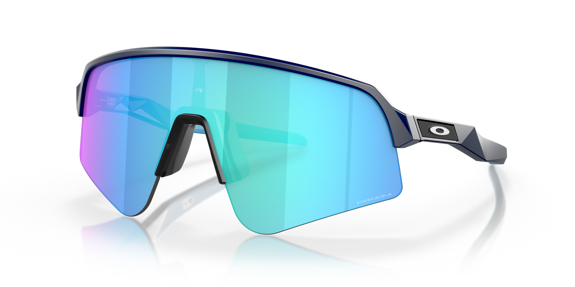 oakley sutro lite sweep sunglasses. A functional sport design with optimised coverage, extended field-of-view, retention and impact protection. navy frame with blue and purple lenses. View of front of glasses.