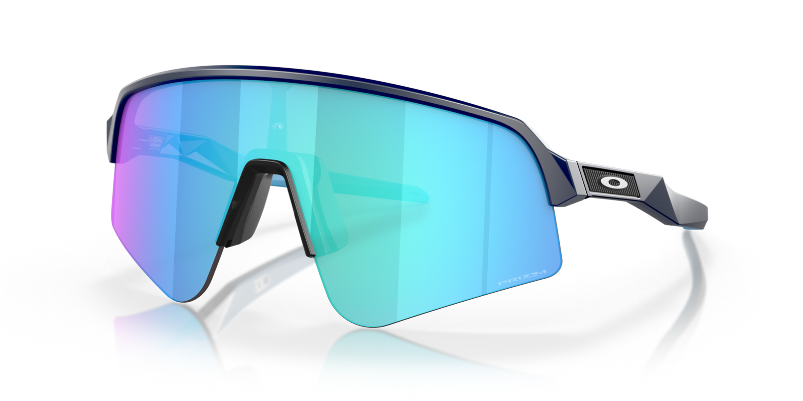 oakley sutro lite sweep sunglasses. A functional sport design with optimised coverage, extended field-of-view, retention and impact protection. navy frame with blue and purple lenses. View of front of glasses.