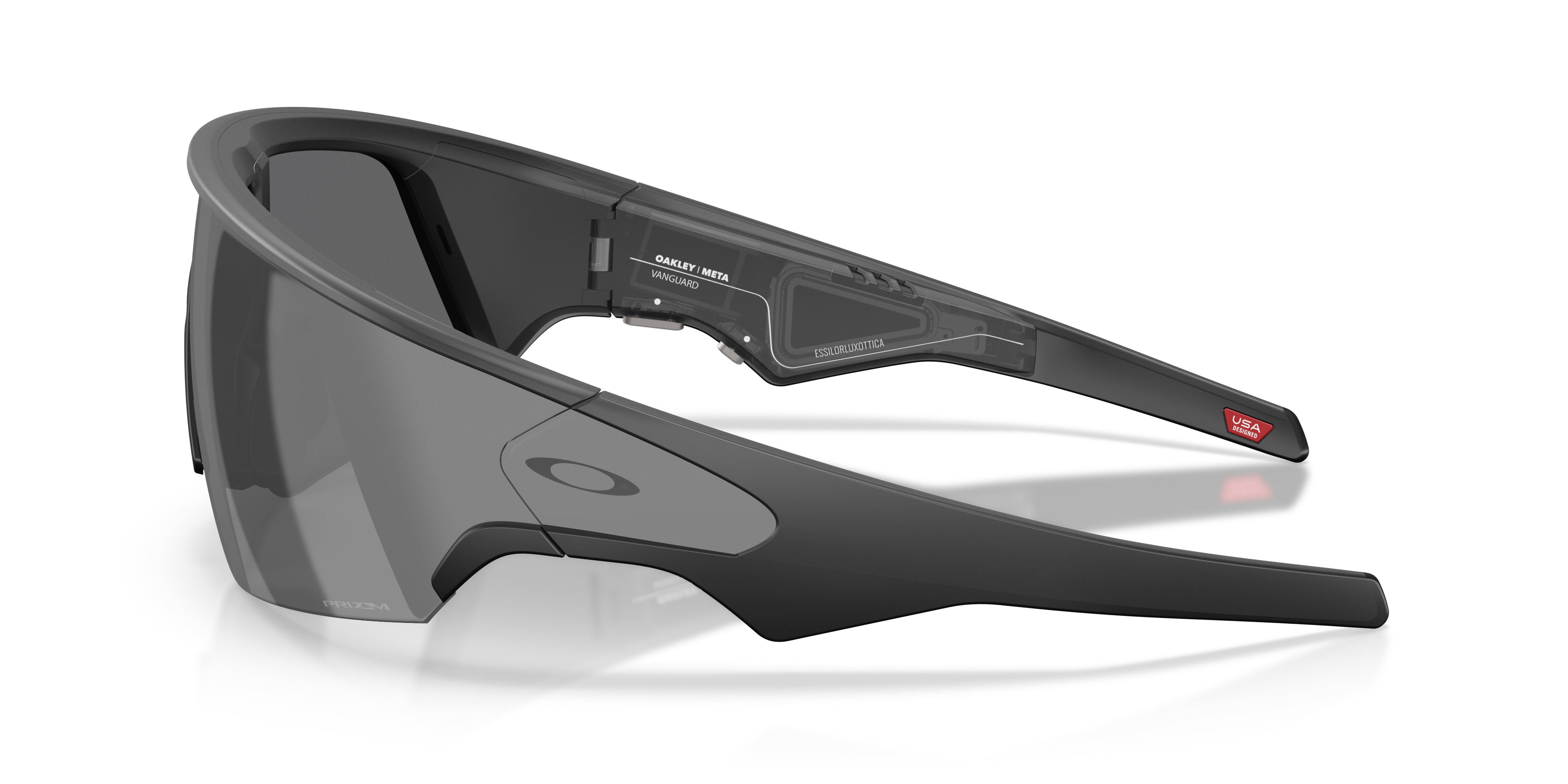 oakley vanguard ai meta sunglasses, prizm lens, grey base, side view