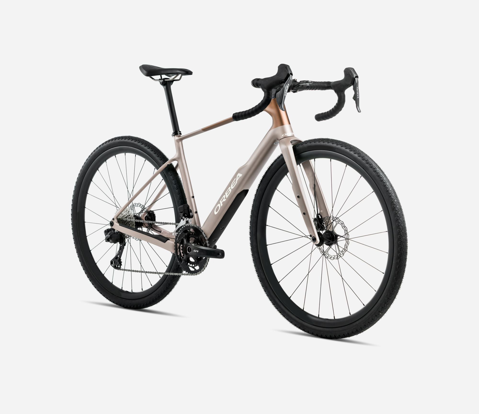 orbea terra m35 team gravel bike in nickel cinnamon colour, front view