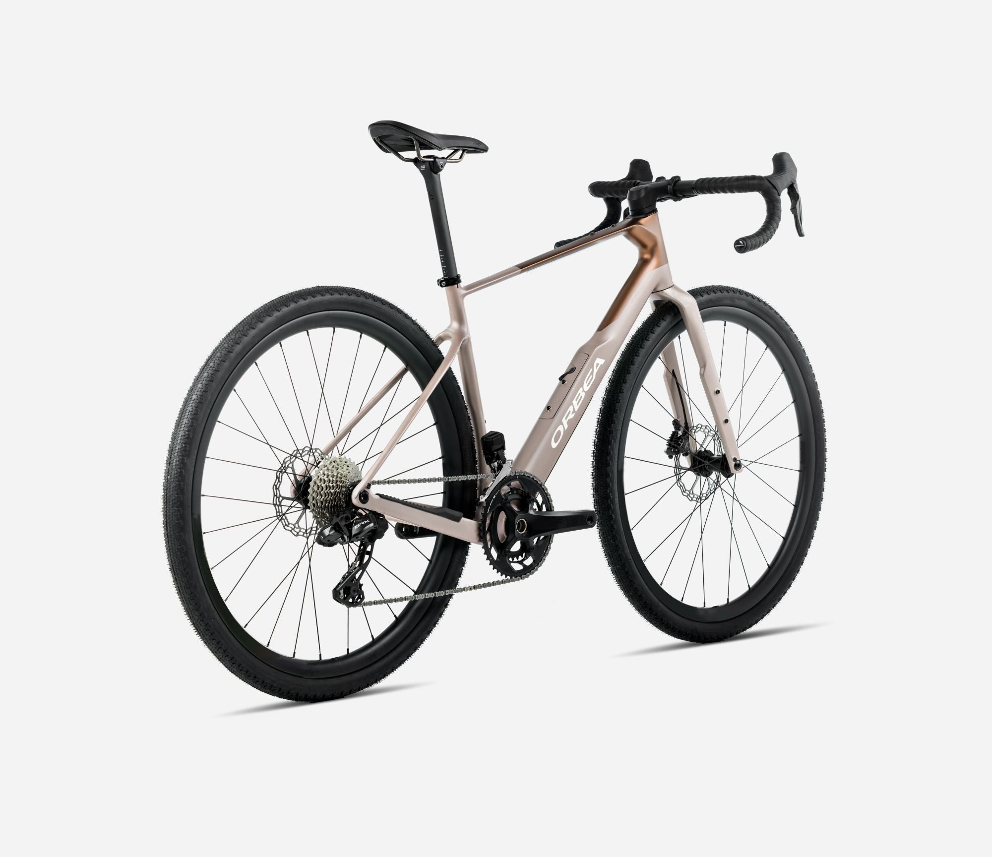 orbea terra m35 team gravel bike in nickel cinnamon colour, back view