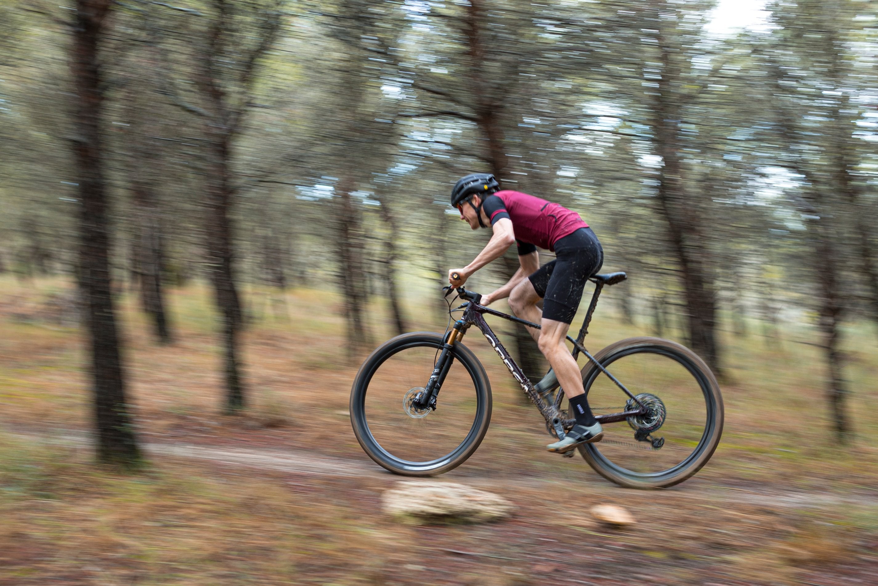 person riding orbea alma mountain bike on the forest trails
