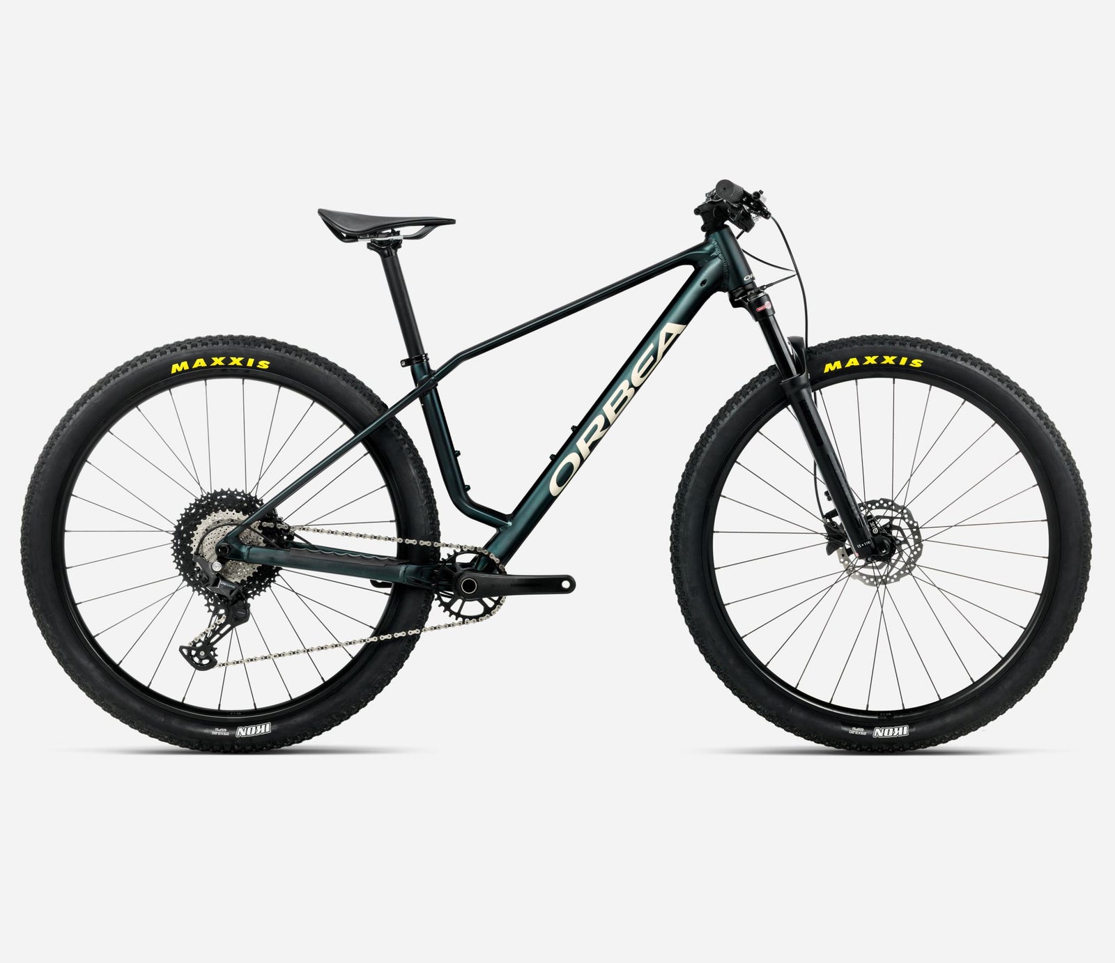 orbea alma h30 hardtail bike in espace green and ivory white colour