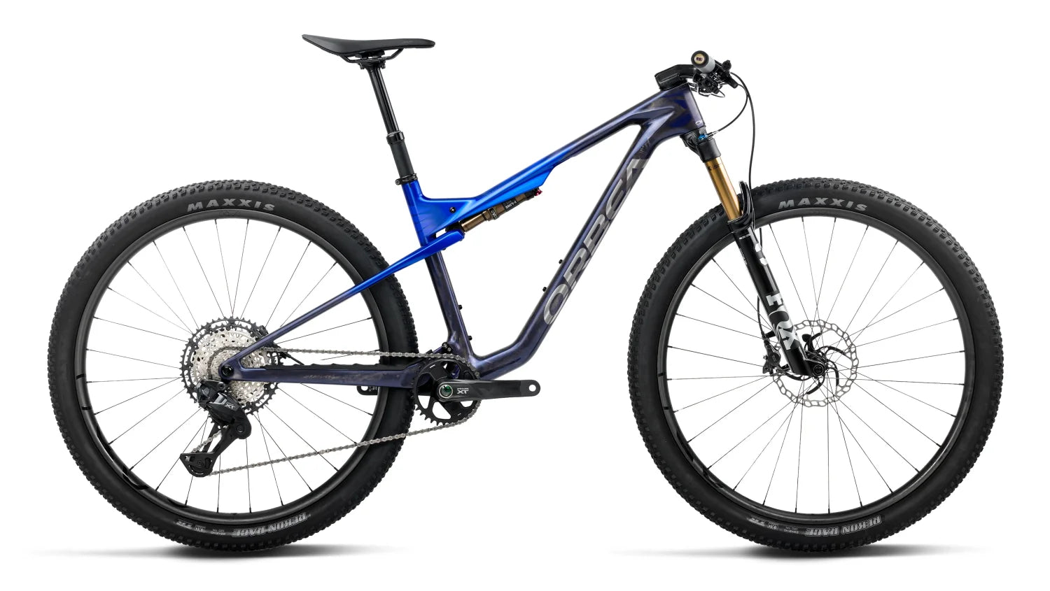 side view of orbea oiz m10 in blue colour, cross country mtb