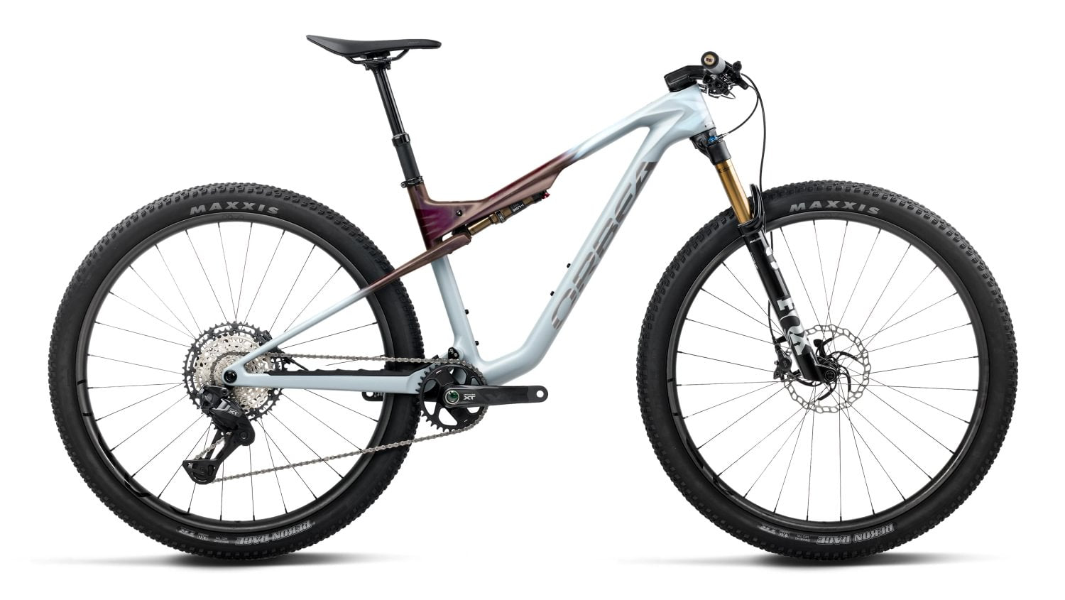 side view of orbea oiz m10, cross country mtb in frozen concrete colour