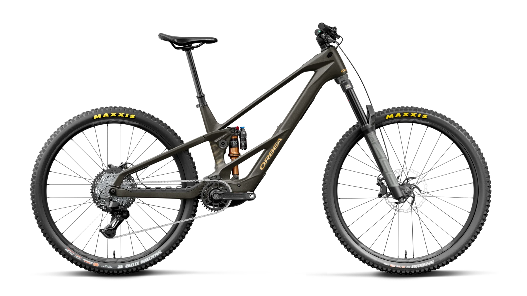 side view of orbea wild LT m20 titan gold colour, e-mtb