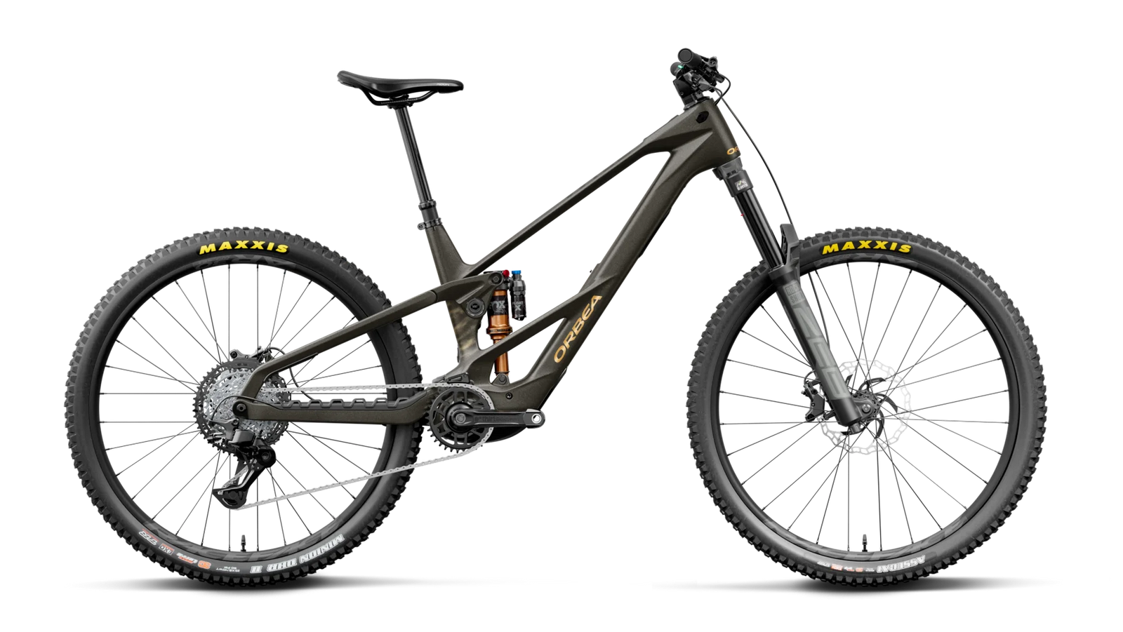 side view of orbea wild LT m20 titan gold colour, e-mtb