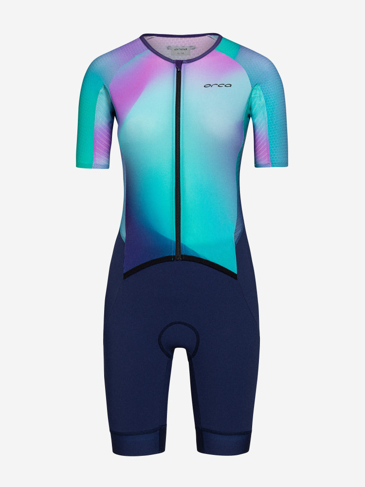 front of orca athlex aero trisuit for women, with zip, padding and orca logo in navy with green and pink