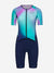 front of orca athlex aero trisuit for women, with zip, padding and orca logo in navy with green and pink