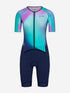 front of orca athlex aero trisuit for women, with zip, padding and orca logo in navy with green and pink
