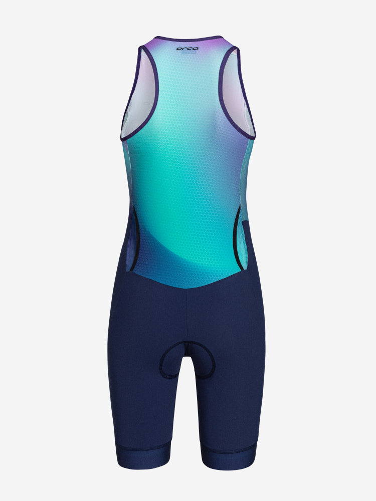 orca athlex race suit v2 triathlon suit for women, navy on legs with turquoise and pink on torso, showing back