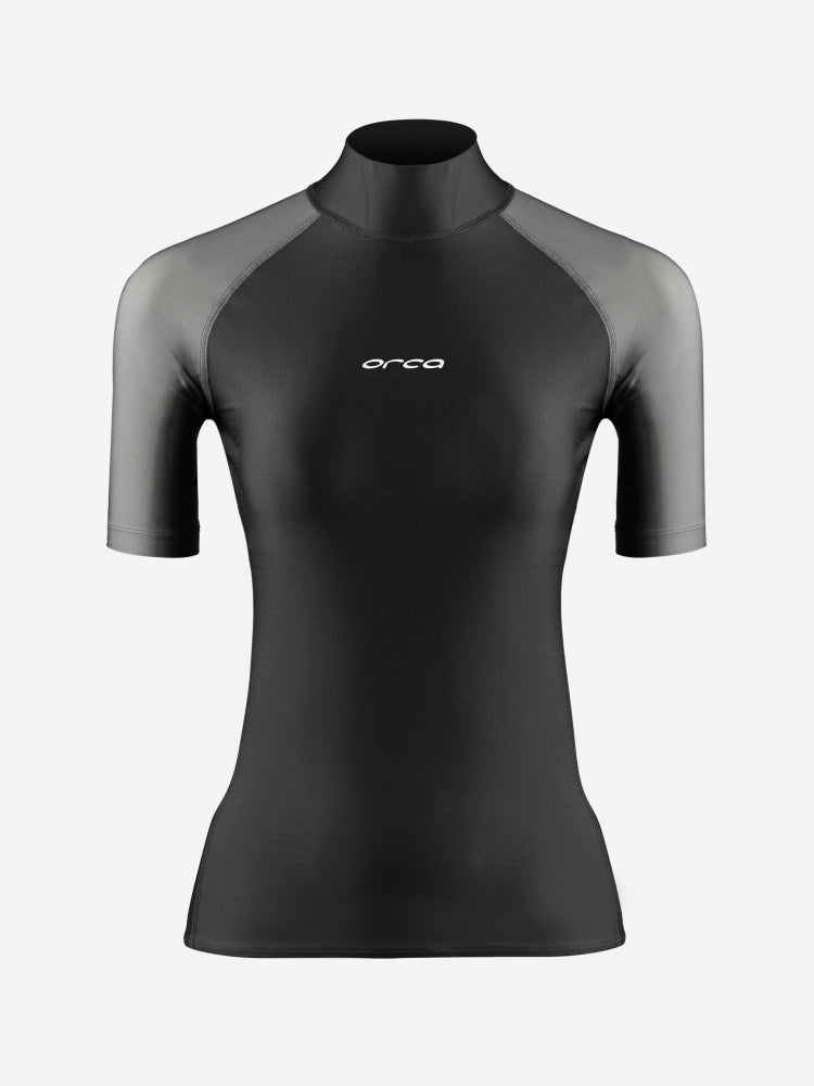 Orca Bossa Rash Vest Womens, black, white sleeves, short sleeves, high neck