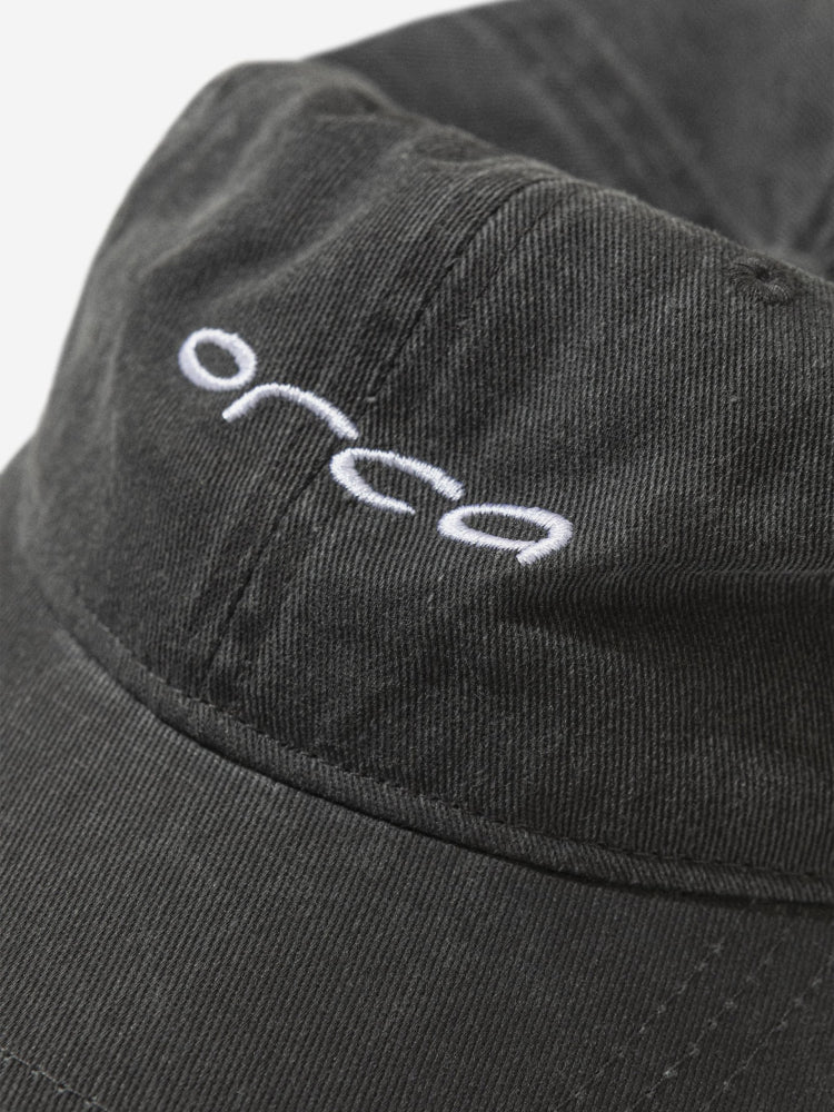 casual orca canvas cap, grey black with with logo closeup