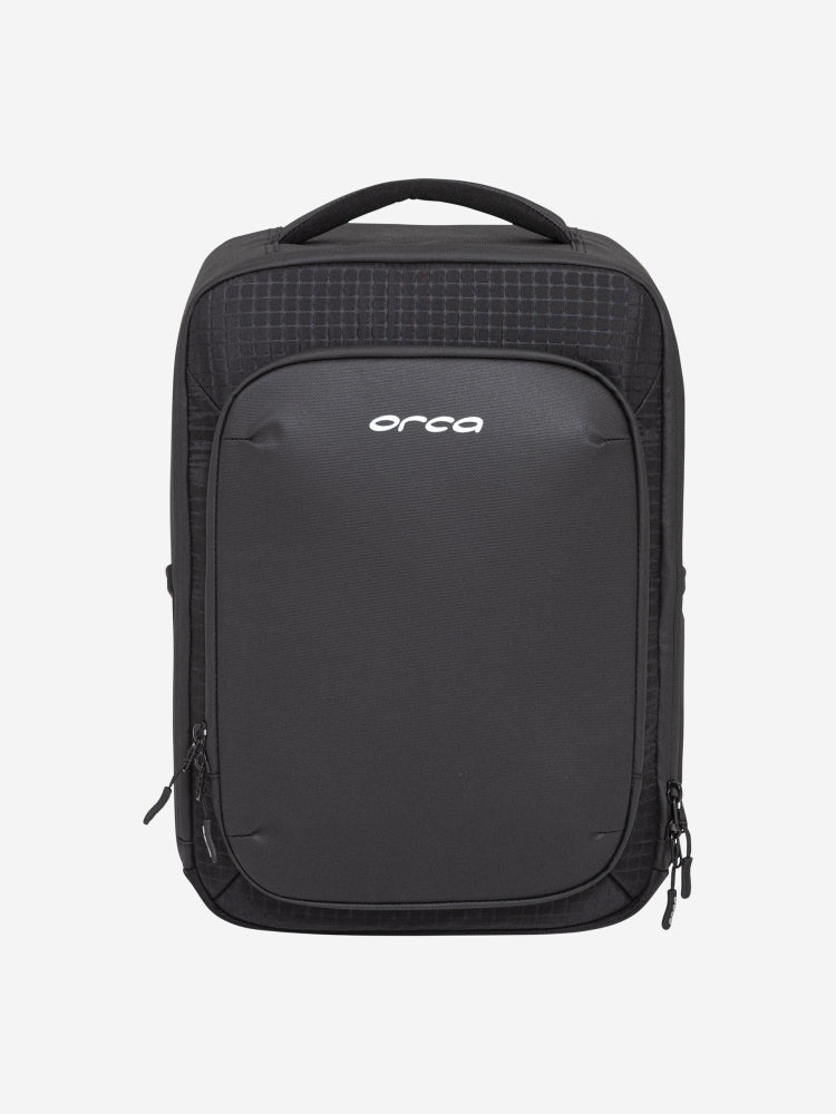 orca casual backpack in black, with soft and comfortable lower back support and space for a 15 inch laptop. Picture of front of backpack on white background.