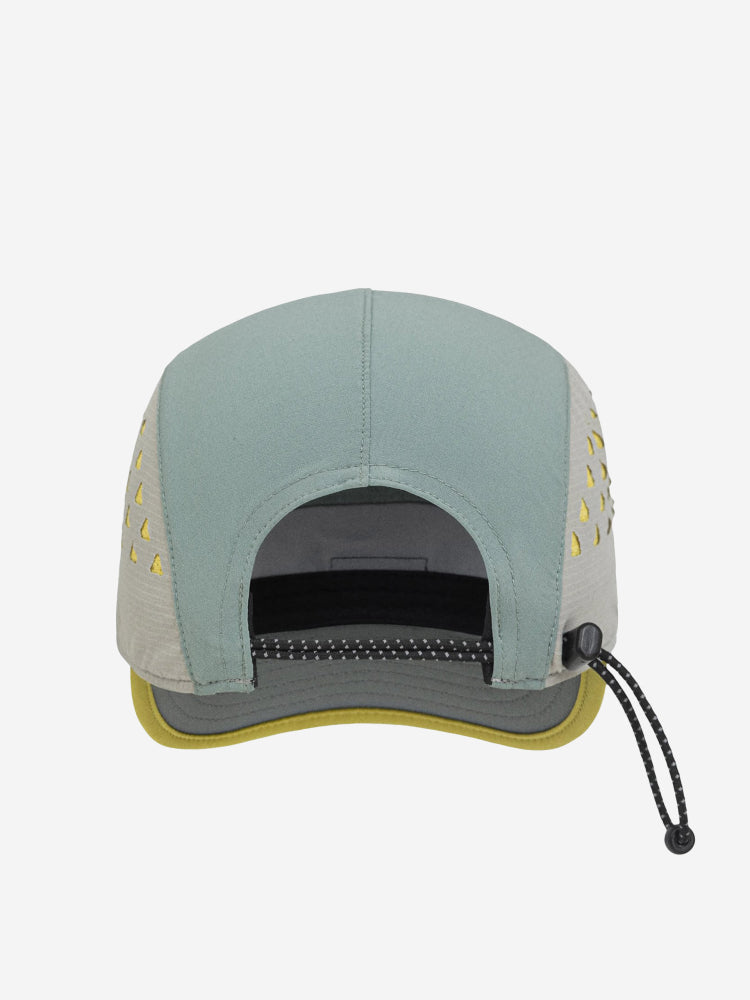 orca casual baseball cap aquamarine with yellow trim, back view of elastic tie
