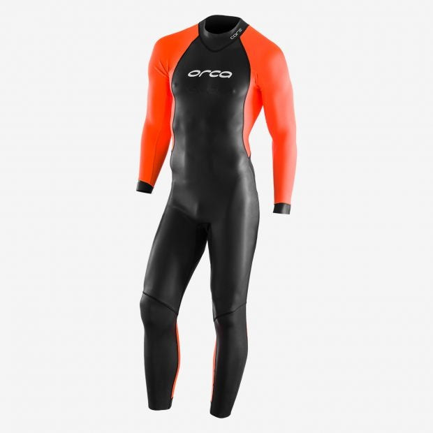 orca core hi-vis wetsuit openwater, black with hi-vis orange sleeves for visibility
