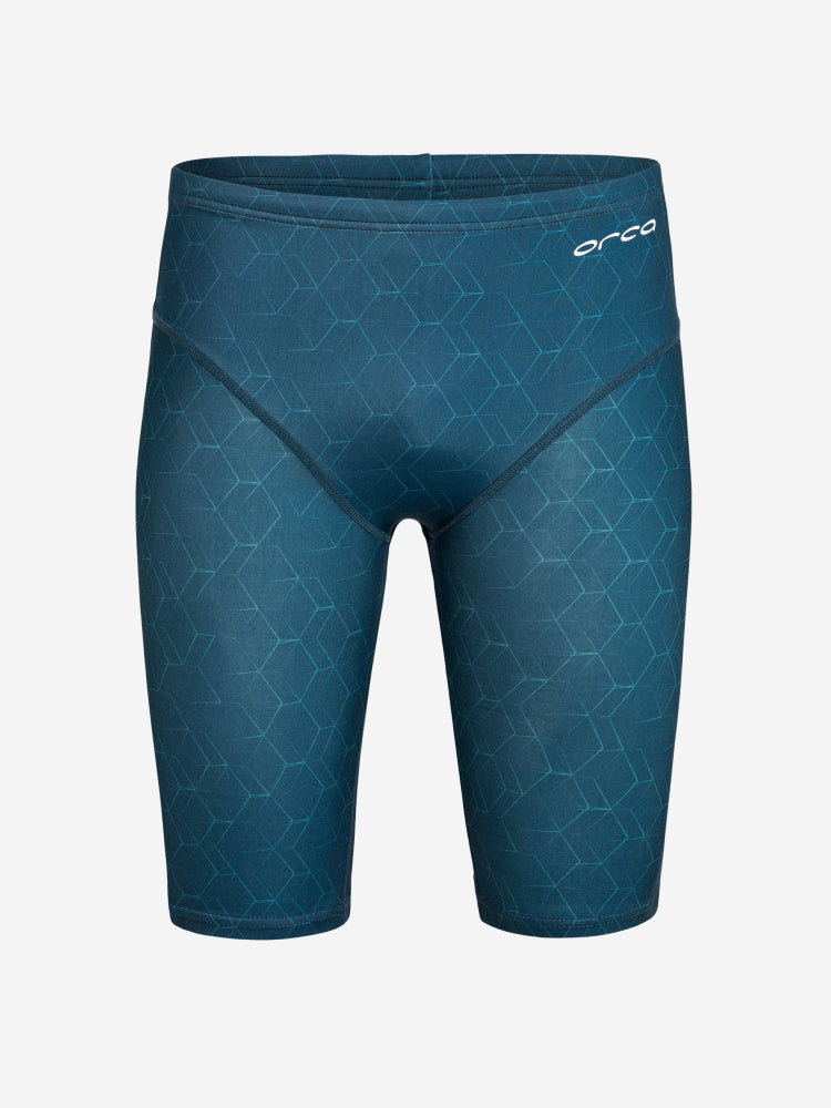 orca men's swimming togs for openwater or pool with soft, compressive fabric, turquoise colour with line details, jammers on a white background