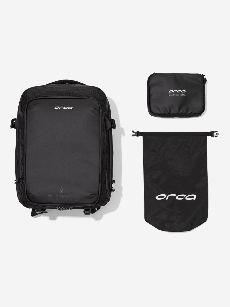 Orca explorer backpack with zips and pockets, includes dry bag, perfect size for carry on luggage